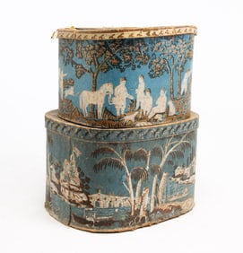 TWO BLUE PICTORAL WALLPAPER COVERED BAND BOXES.