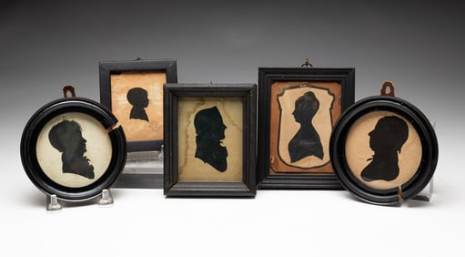 FIVE FRAMED SILHOUETTES.