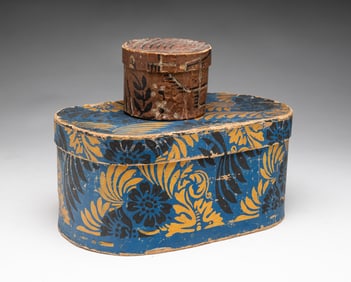 TWO MINIATURE WALLPAPER COVERED BAND BOXES.