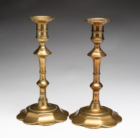 PAIR OF QUEEN ANNE BRASS CANDLESTICKS