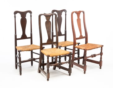 FOUR QUEEN ANNE VASE BACK SIDE CHAIRS.