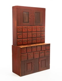 WONDERFUL AND UNUSUAL PAINTED STEPBACK APOTHECARY CUPBOARD.