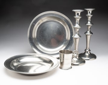 TWO BOARDMAN SHALLOW PEWTER BASINS, A PAIR OF PEWTER CANDLESTICKS, AND A PEWTER MUG.