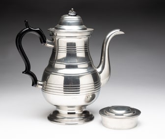 ASHBIL GRISWOLD PEWTER COFFEE POT AND LIDDED SOAP BOX.