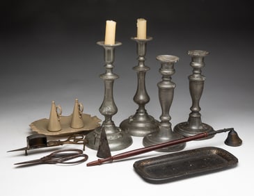 TWO PAIRS OF PEWTER CANDLESTICKS AND CANDLE ACCESSORIES.