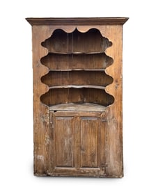 FOLKSY OPEN TOP BARREL BACK CORNER CUPBOARD.