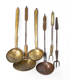 SIX HAND FORGED KITCHEN UTENSILS.