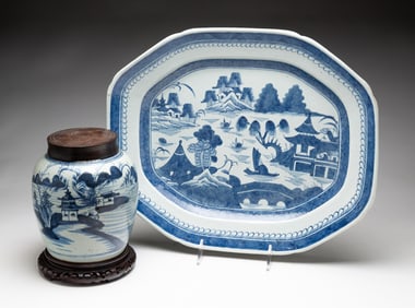 TWO BLUE AND WHITE CANTON PORCELAIN ITEMS.