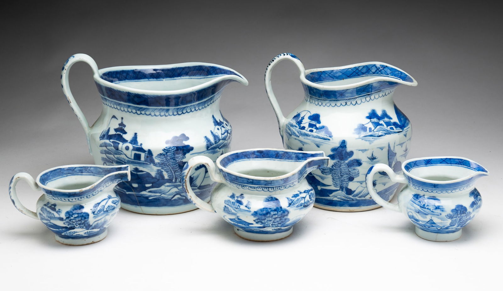 BLUE AND WHITE CANTON PITCHERS. (1 of 6)