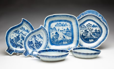 SIX BLUE AND WHITE CANTON PORCELAIN SERVING ITEMS.