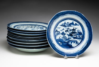 GROUP OF BLUE AND WHITE CANTON PORCELAIN PLATES.