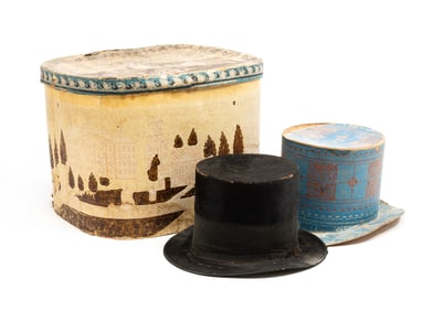 TWO WALLPAPER COVERED BAND BOXES AND HAT.