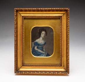 FRAMED MINIATURE PORTRAIT OF A FANCY WOMAN.