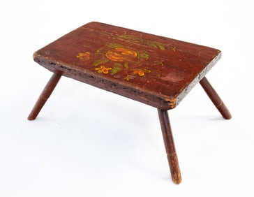 DIMINUTIVE PAINT DECORATED SPLAYED LEG STOOL.