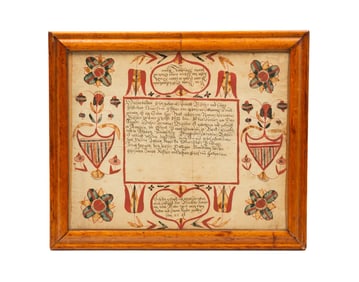 COLORFUL HAND PAINTED FRAKTUR BY MARTIN BRECHALL (1757-1931).