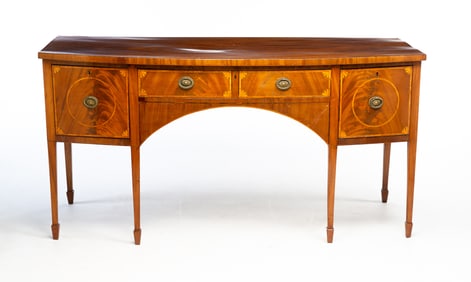 HEPPLEWHITE INLAID BOW FRONT SIDEBOARD.