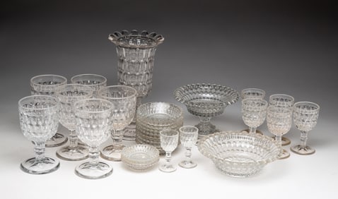 COLLECTION OF THUMBPRINT PATTERN FLINT GLASS.