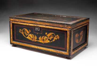 PAINTED AND DECORATED MINIATURE BLANKET CHEST.