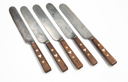 CHARMING SET OF FIVE EARLY TABLE KNIVES WITH HEART INLAID HANDLES WITH BLADES BY WILLIAM GREAVES AND