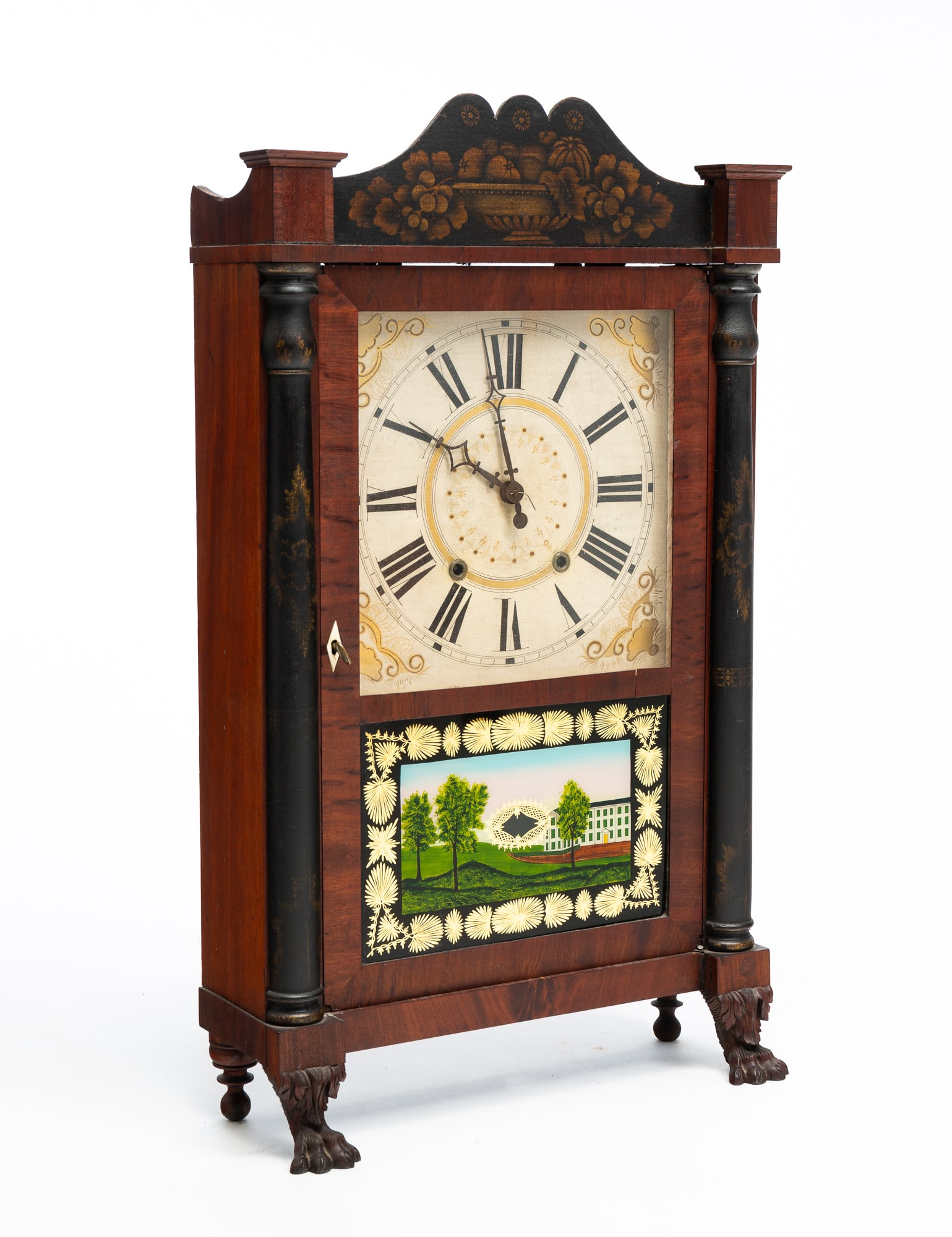 JEROMES' AND DARROW DOUBLE DECKER SHELF CLOCK WITH ORIGINAL LABEL AND WONDERFULLY PAINTED TABLET. (1 of 6)