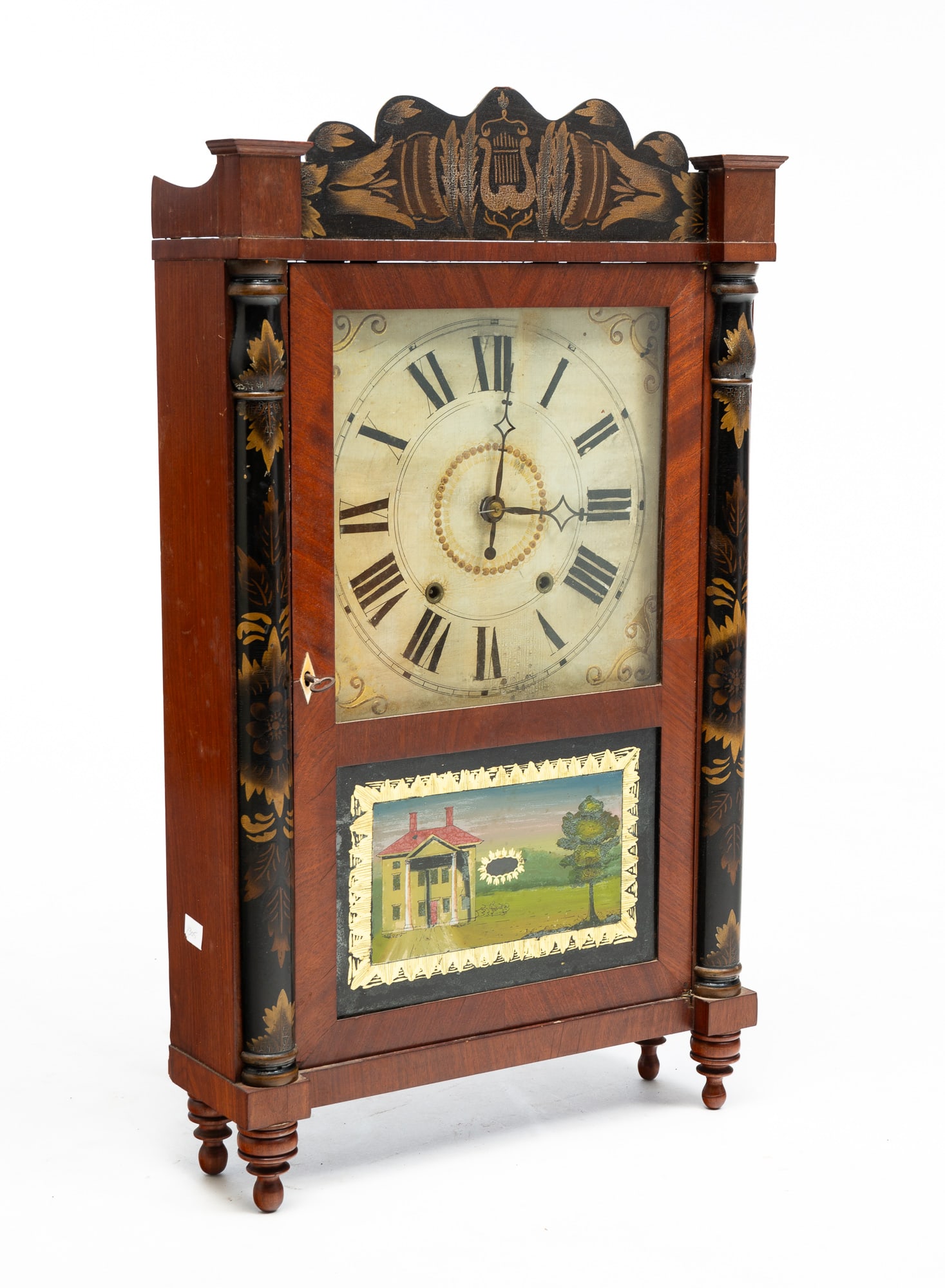 PAINT DECORATED DOUBLE DECKER SHELF CLOCK WITH RILEY WHITING (WINCHESTER, CONNECTICUT) WORKS. (1 of 7)