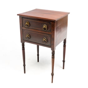 FINE SHERATON INLAID MAHOGANY TWO-DRAWER STAND.