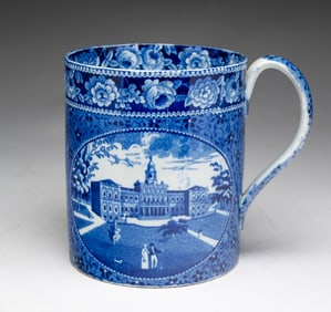 LARGE HISTORICAL BLUE STAFFORDSHIRE TANKARD.