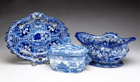 HISTORICAL BLUE STAFFORDSHIRE RETICULATED BASKET AND LIDDED TUREEN.