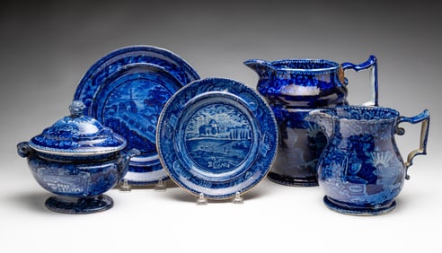 FIVE HISTORICAL BLUE TRANSFERWARE ITEMS.