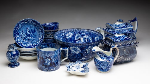 GROUP OF BLUE TRANSFERWARE STAFFORDSHIRE DINNERWARE.