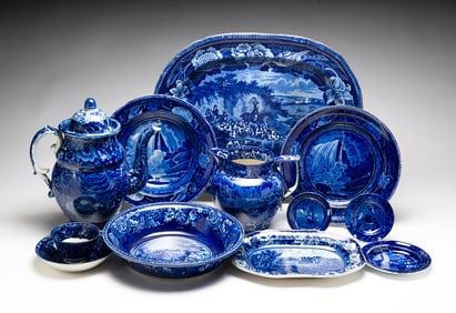 GROUP OF HISTORICAL BLUE STAFFORDSHIRE DINNERWARE.