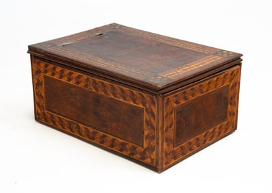 PARQUETRY MAHOGANY JEWELRY PUZZLE BOX.