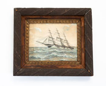 WATERCOLOR AND GOUACHE PAINTING OF A THREE MASTED SHIP SIGNED "SPEAR."