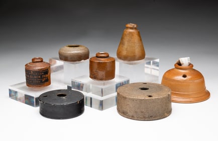 GROUP OF STONEWARE INKWELLS AND INK BOTTLES.
