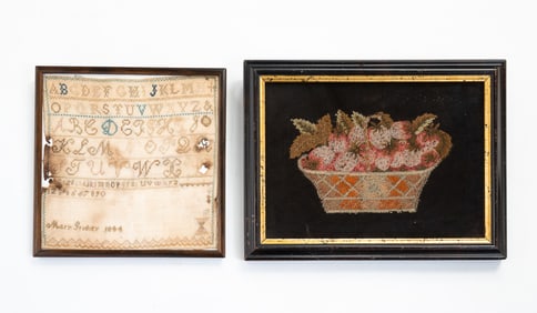 NEEDLEPOINT SAMPLER AND NEEDLEPOINT PICTURE OF STRAWBERRIES.