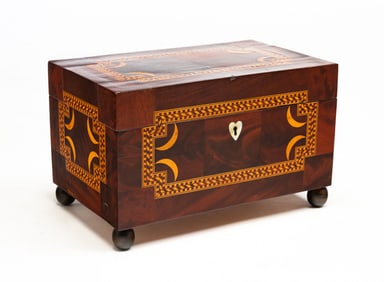 CHARMING MARQUETRY INLAID FOOTED BOX WITH HEART ESCUTCHEON.