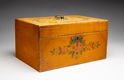 PAINT DECORATED DOCUMENT BOX, POSSIBLY SCHOOLGIRL WORK.
