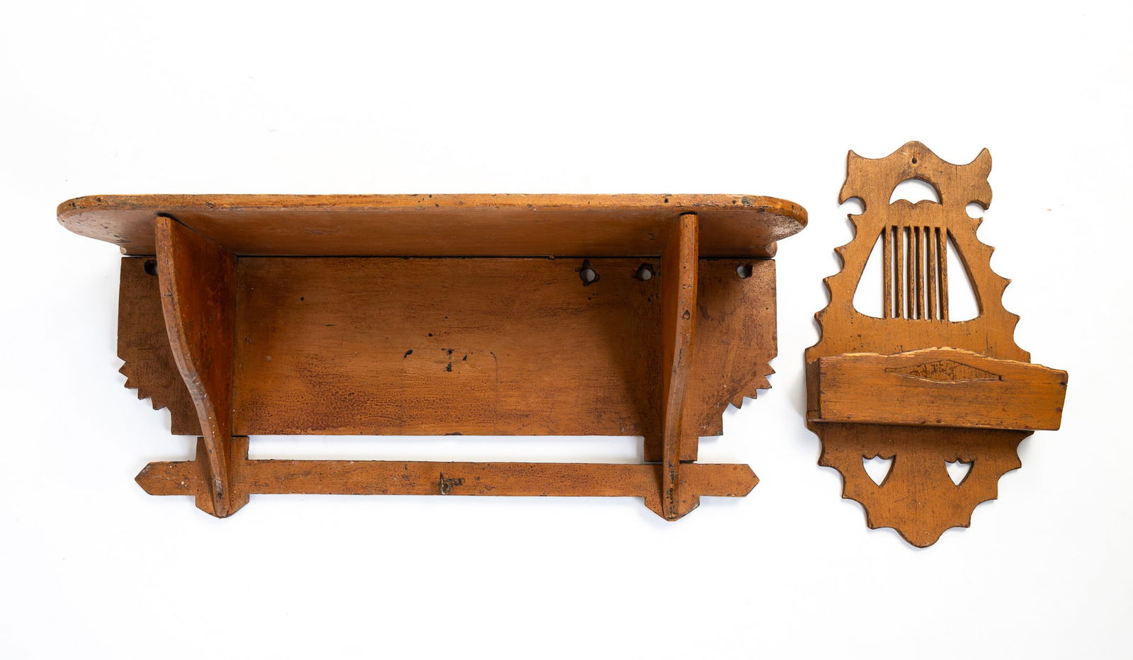 TWO FOLKSY PAINT DECORATED WALL HANGINGS: A SHELF AND A WALL POCKET WITH LYRE BACK AND HEART CUTOUT (1 of 4)
