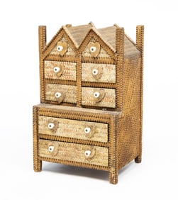 UNUSUAL AND CHARMING TRAMP ART HOUSE FORM CASE OF DRAWERS IN ORIGINAL PAINT.