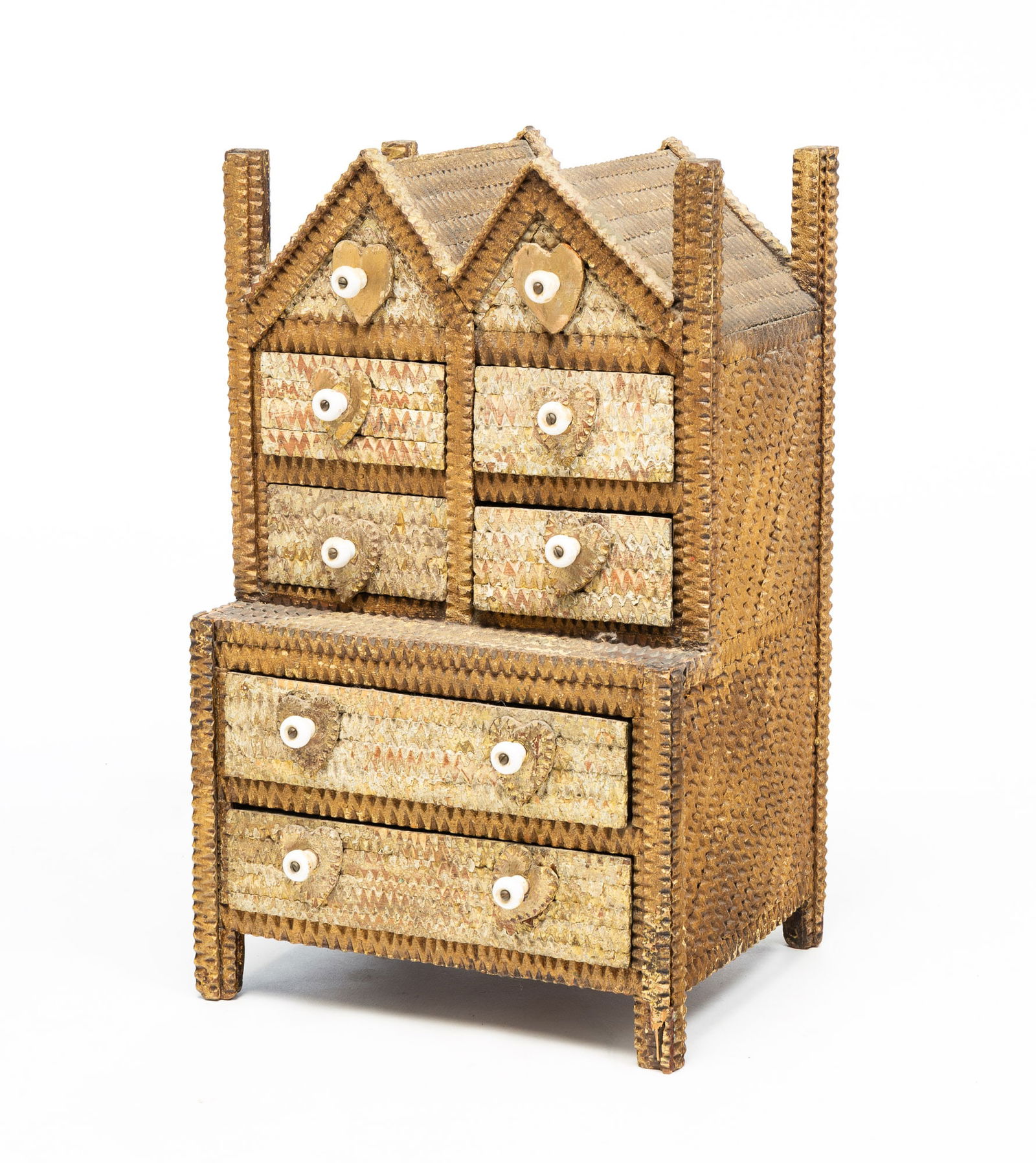 UNUSUAL AND CHARMING TRAMP ART HOUSE FORM CASE OF DRAWERS IN ORIGINAL PAINT. (1 of 4)