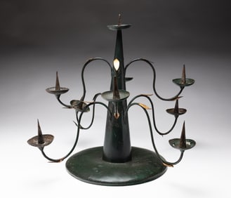 UNUSUAL AND FOLKSY PAINTED TIN CANDELABRA.
