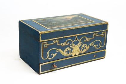 EXCEPTIONAL BLUE PAINT DECORATED ARTIST'S BOX.