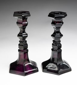 PAIR OF SANDWICH GLASS AMETHYST CANDLESTICKS.