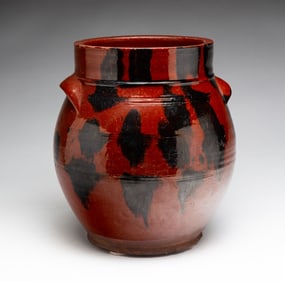 DECORATED REDWARE TWO-HANDLED JAR.