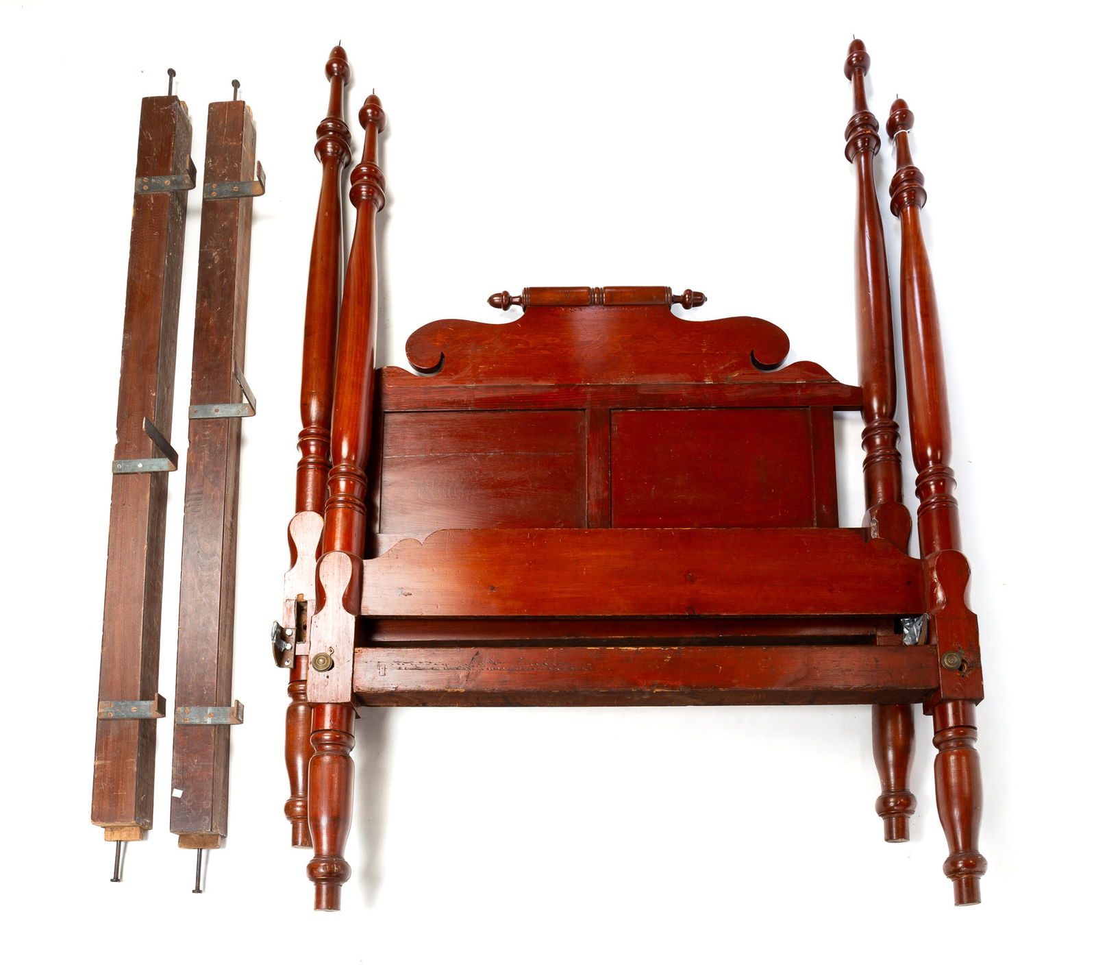 COUNTRY EMPIRE FOUR POSTER ROPE BED.: American, 19th Century. Cherry and pine. Turned posts with acorn finials, headboard with turned crest and acorn finials, scrolled end and two panels, foot board with shaped ends. Retains original rail