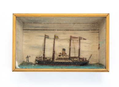 FOLKSY PAINTED WOOD DIORAMA OF THE STEAMER SHIP CAMPANELLO.