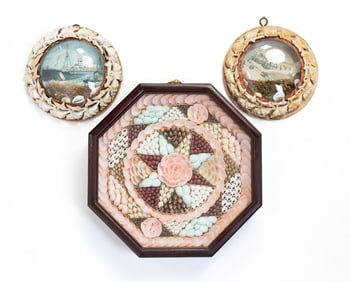 THREE MARITIME VALENTINE SHELL SHADOW BOXES.