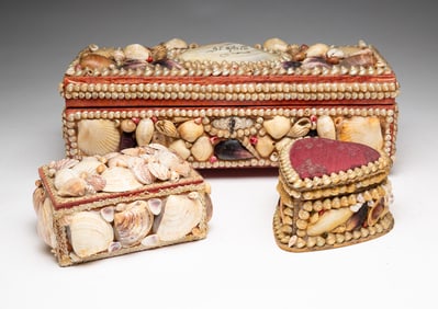 THREE SAILORS' VALENTINE SHELL ART BOXES.