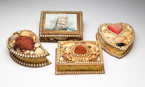 FOUR SAILORS' VALENTINE SHELL ART BOXES.