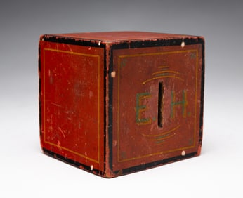 FOLKSY PAINTED WOODEN BANK WITH MONOGRAM.